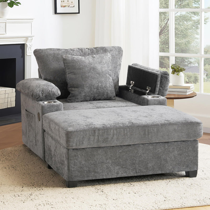 SUNWAVE 58" Chaise Lounge Chair With Ottoman, Chenille Fabric Sofa Bed, Accent Chair With Cupholders & USB Charging Ports For Living Room, Bedroom, Apartment (1 Chaise Misty Gray) (LOCAL PICKUP ONLY)