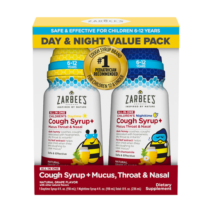 Zarbee's Kids All-In-One Day/Night Cough Value Pack For Children 6-12 With Dark Honey, Turmeric, B-Vitamins & Zinc, 1 Pediatrician Recommended, Drug & Alcohol-Free, Grape Flavor, 4FL Oz (Pack Of 2)