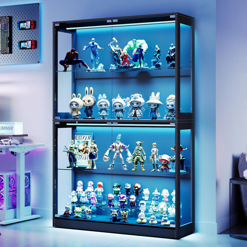 AMERLIFE RGB Display Cabinet With Adjustable Glass Shelves, 4-Tier Storage Display Case With LED Lights, Press-To-Open Glass Doors, Modern Collectibles Cabinet, Black 70" H X 45" L X 16" D (LOCAL PICKUP ONLY)