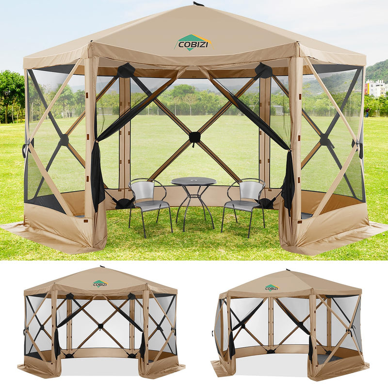 COBIZI 12X12 FT Pop Up Canopy Shelter Tent, Large Gazebos , Screened In Gazebo, Screen Tents Portable Carpas Para Patio For Outdoor Camping, Backyard, Garden, Beach, Khaki (LOCAL PICKUP ONLY)