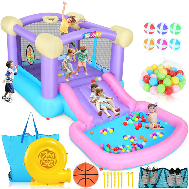 Whubefy Bounce House For Kids 3-6 With Ball Pit Pool & 50 Balls, 5-In-1 Inflatable Bouncy Castle With ETL Certified Blower, Slide, Dart Board With 6 Sticky Balls, Basketball Hoop & Storage Bag (LOCAL PICKUP ONLY)