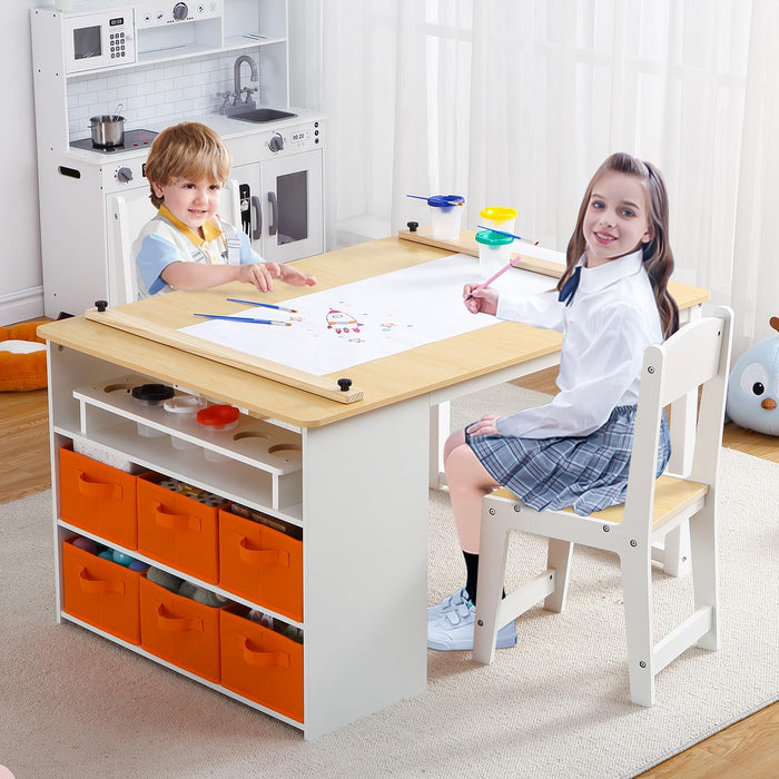 Living And Learning Kids' Art Table And Stool Set, Toddler Craft And Play Wood Activity Table With Storage Bins, Drawing Desk, Kids Activity Table And Study Table, Activity & Crafts For Children Woode (LOCAL PICKUP ONLY)
