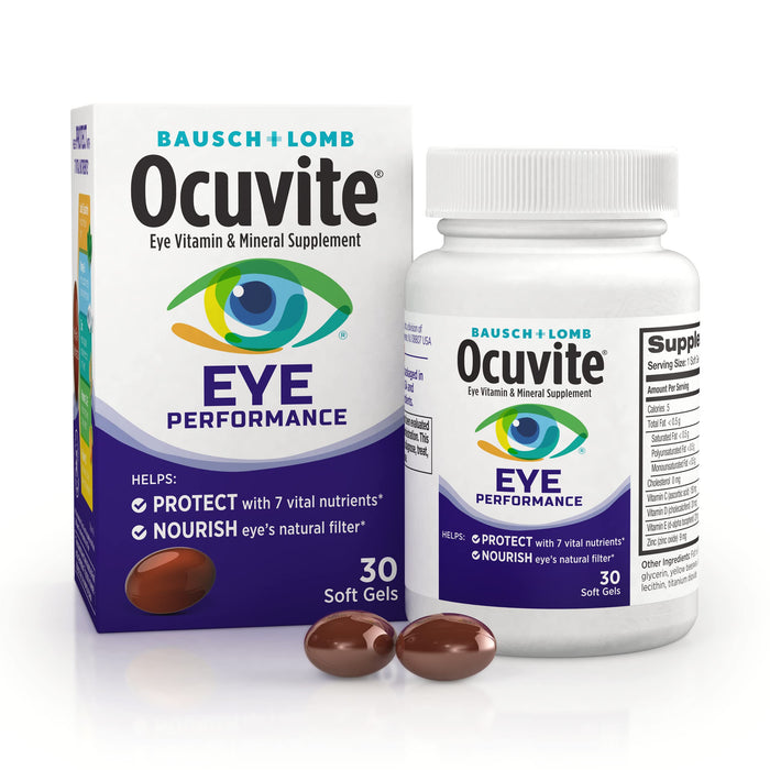 Ocuvite Eye Performance Vitamin & Mineral Supplement, Lutein And Zeaxanthin Supplements, Vitamins C, D, E, Zinc, And Omega-3, Helps Protect Eyes From Sun And Blue Light, 30 Softgels