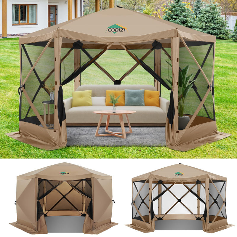 COBIZI 12X12 Pop Up Gazebo On Clearance Screen Tent For Camping, Camping Outdoor Screened Gazebo & Canopy Tent,Portable Hub With Carrying Bag And Ground Stakes, Khaki(Upgraded 2.0) (LOCAL PICKUP ONLY)