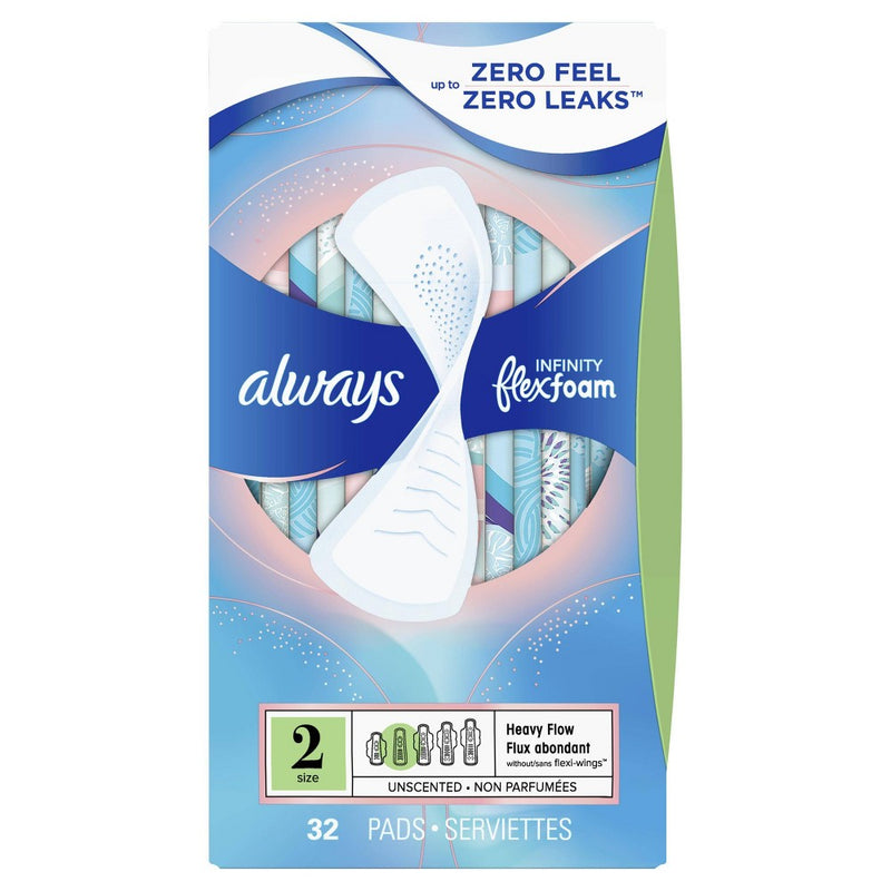 Always Infinity FlexFoam Pads without Wings - Super Absorbency - Unscented - Size 2 - 32ct