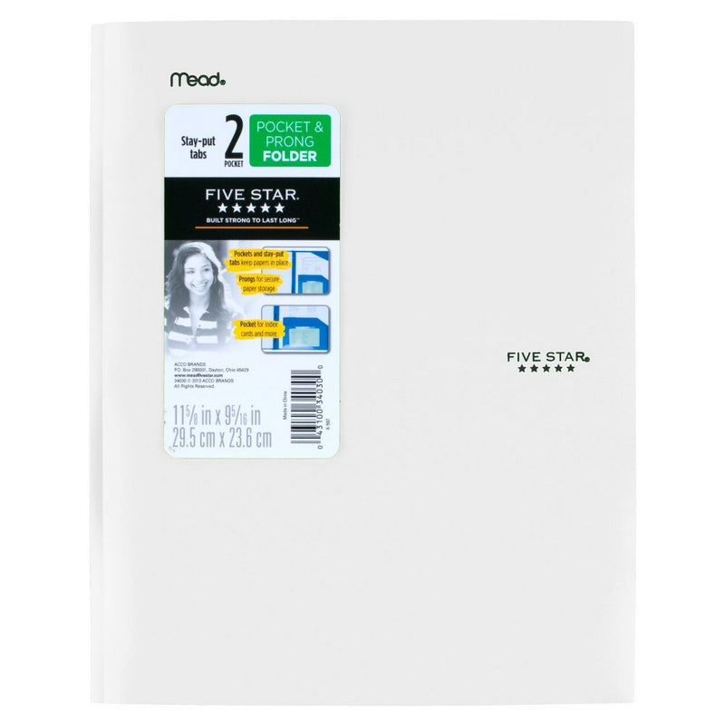 Five Star 2 Pocket Plastic Folder with Prongs White