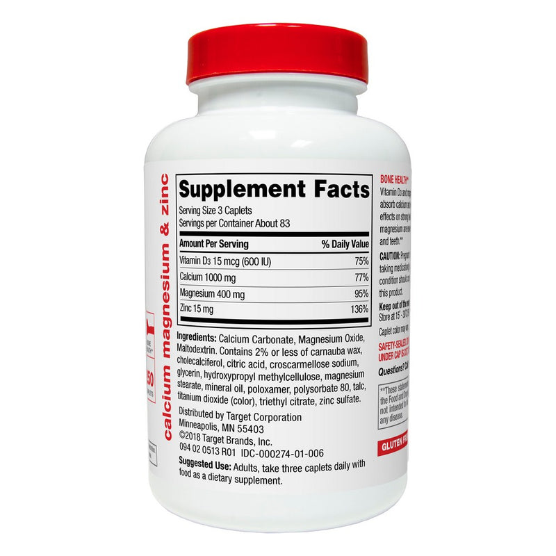 Calcium Magnesium & Zinc Dietary Supplement Coated Caplets - 250ct - up & up