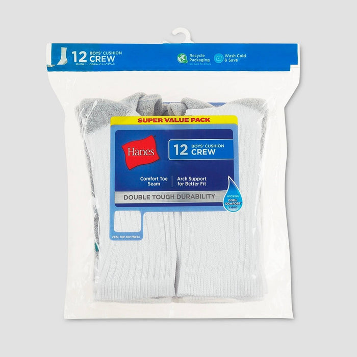 Hanes Boys' 12pk Cushioned Crew Athletic Socks - White S