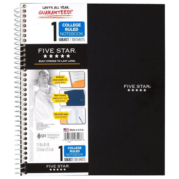 Five Star 1 Subject College Ruled Spiral Notebook (Color Will Vary)