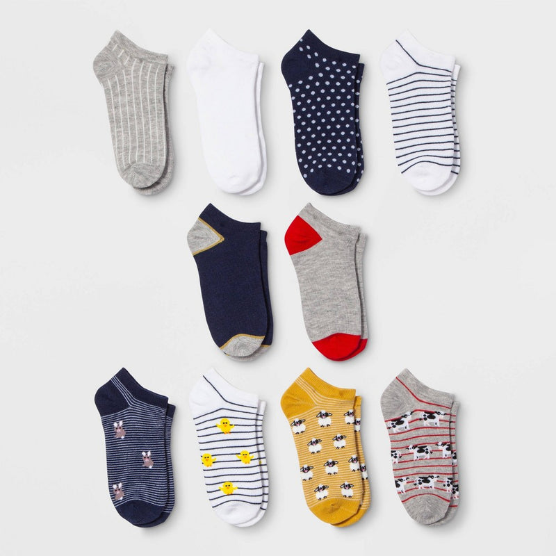 Women's Farm Animal 10pk Low Cut Socks - Xhilaration Gray/Blue/Yellow 4-10
