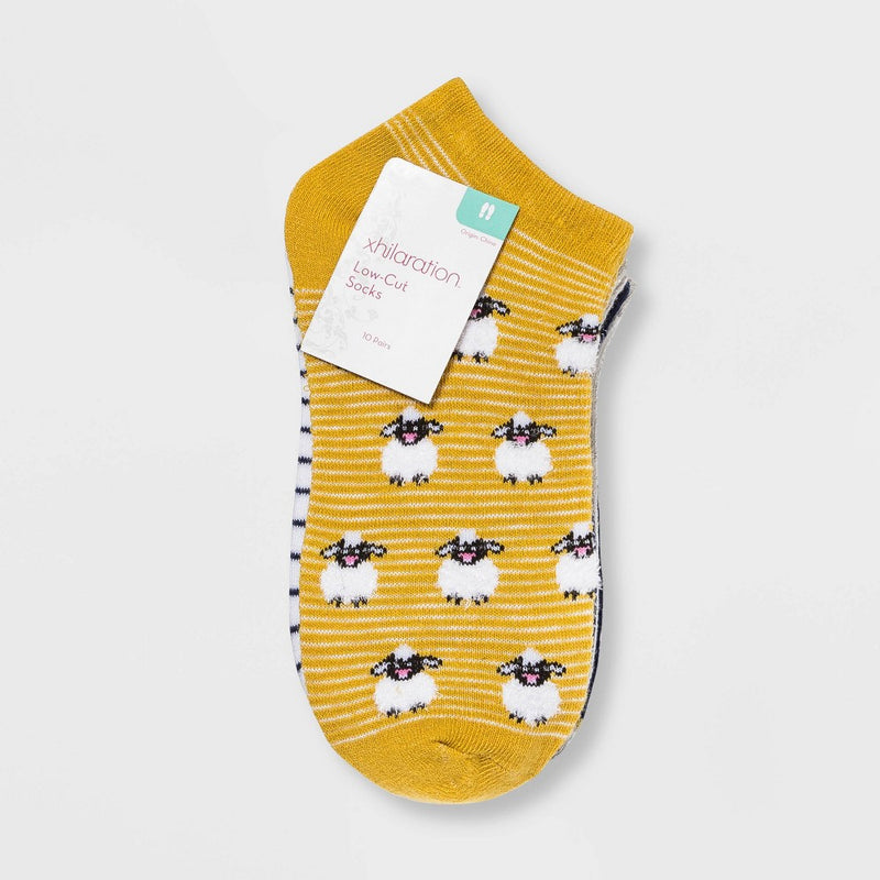 Women's Farm Animal 10pk Low Cut Socks - Xhilaration Gray/Blue/Yellow 4-10