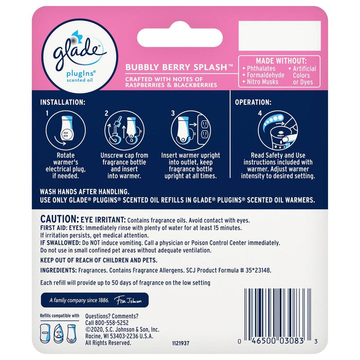 Glade PlugIns Scented Oil Air Freshener Bubbly Berry Splash Refill - 1.34oz/2ct