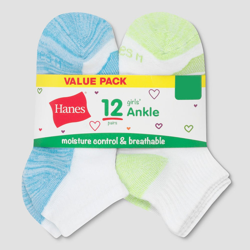 Hanes Girls' 12pk Ankle Athletic Socks - Colors Vary M