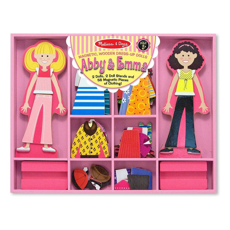 Melissa & Doug Abby and Emma Deluxe Magnetic Wooden Dress-Up Dolls Play Set (55+pc)