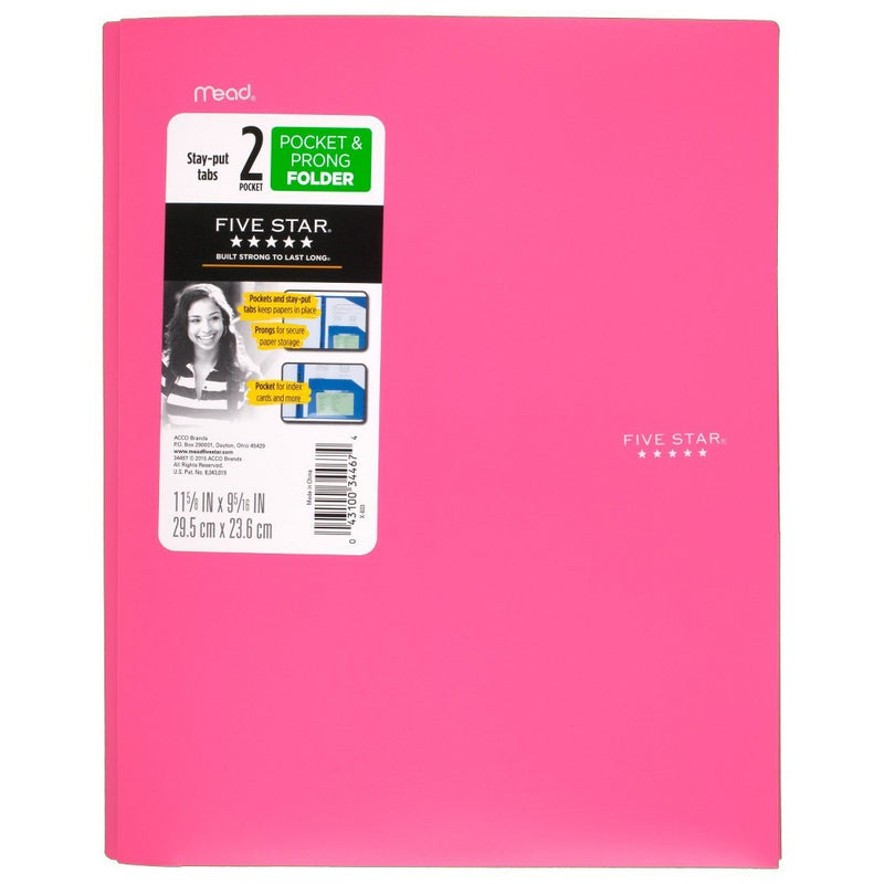 Five Star 2 Pocket Plastic Folder with Prongs Pink