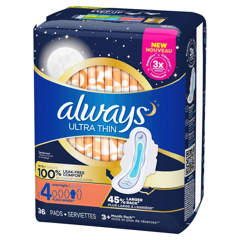 Always Ultra Thin Overnight Pads with Wings - Unscented - Size 4  - 36ct