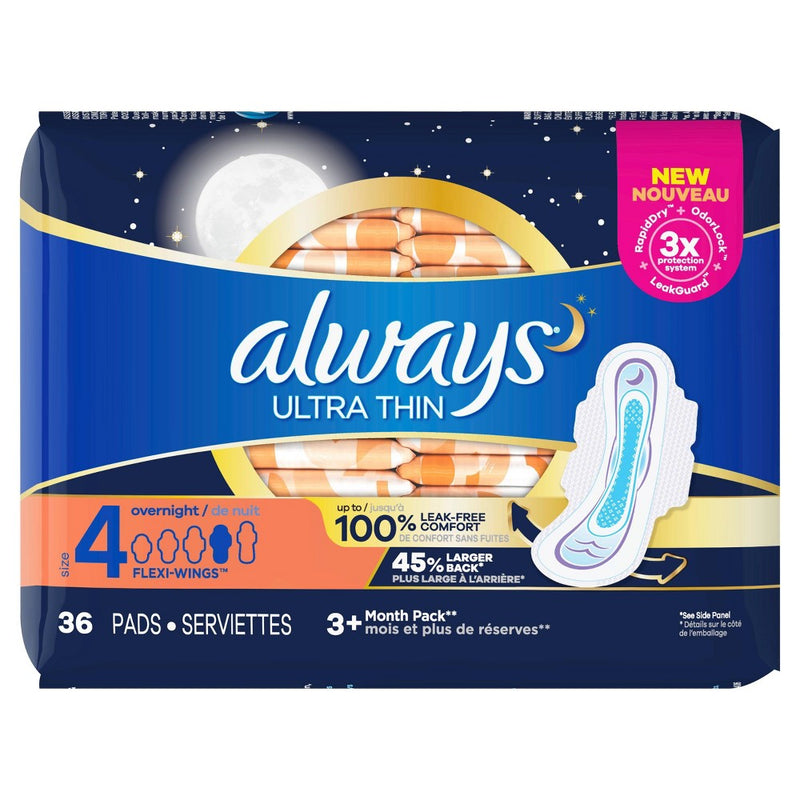 Always Ultra Thin Overnight Pads with Wings - Unscented - Size 4  - 36ct