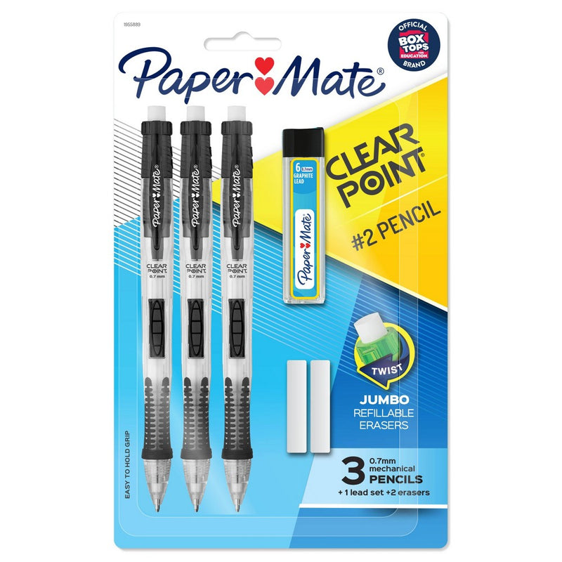 3pk #2 Mechanical Pencils with Lead/Eraser Refill ClearPoint Black Barrels .7mm - PaperMate