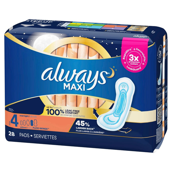 Always Maxi Pads Overnight Absorbency Unscented without Wings - Size 4 - 28ct