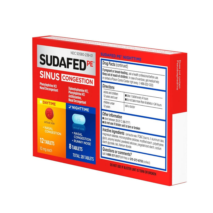 Sudafed PE Day + Night Maximum Strength Sinus Decongestant Tablets - 20ct