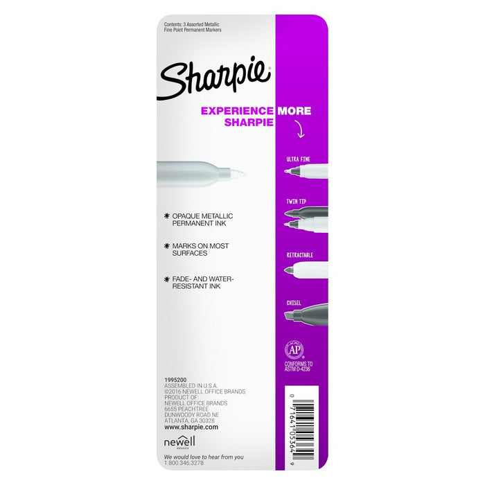 3pk Permanent Marker Metallic Fine Tip Gold/Silver/Bronze - Sharpie