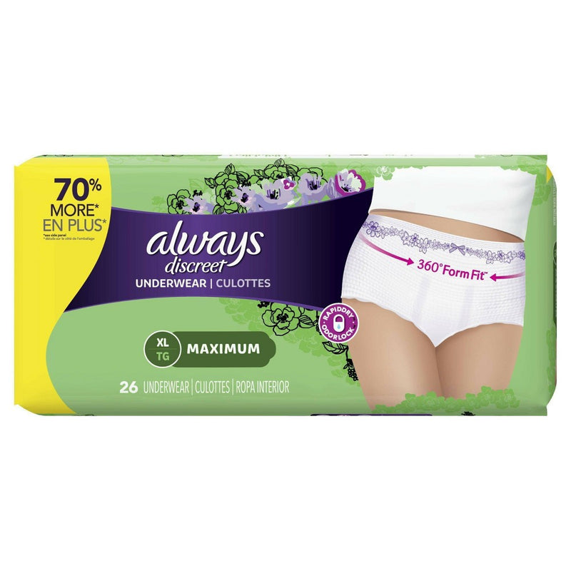 Always Discreet Incontinence & Postpartum Incontinence Underwear for Women - Maximum Protection - XL - 26ct