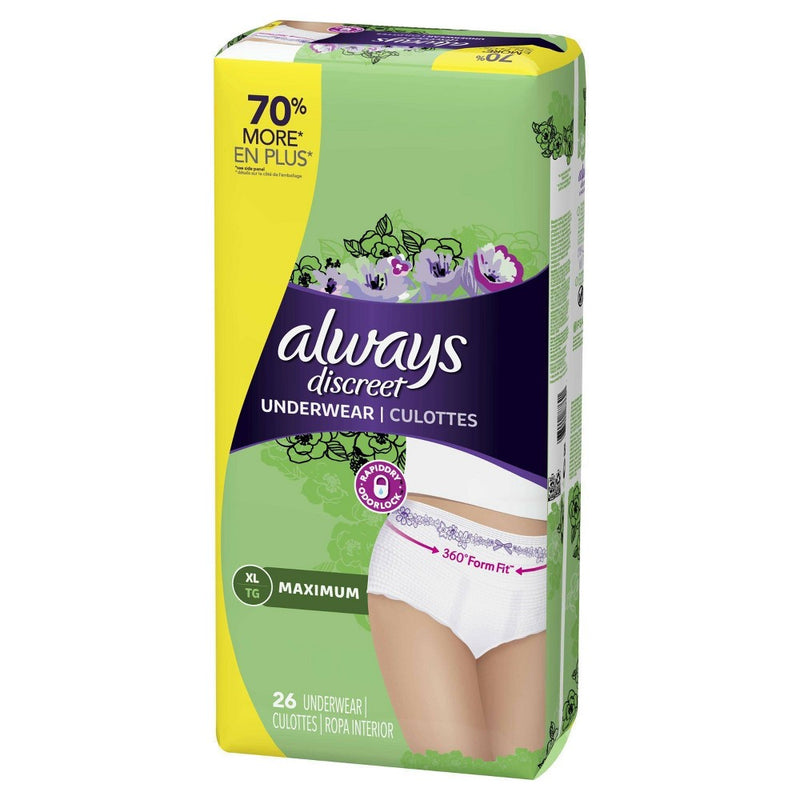 Always Discreet Incontinence & Postpartum Incontinence Underwear for Women - Maximum Protection - XL - 26ct