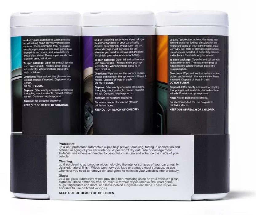 3 PACK - Interior Cleaner Auto Wipes Glass + Cleaning - up & up
