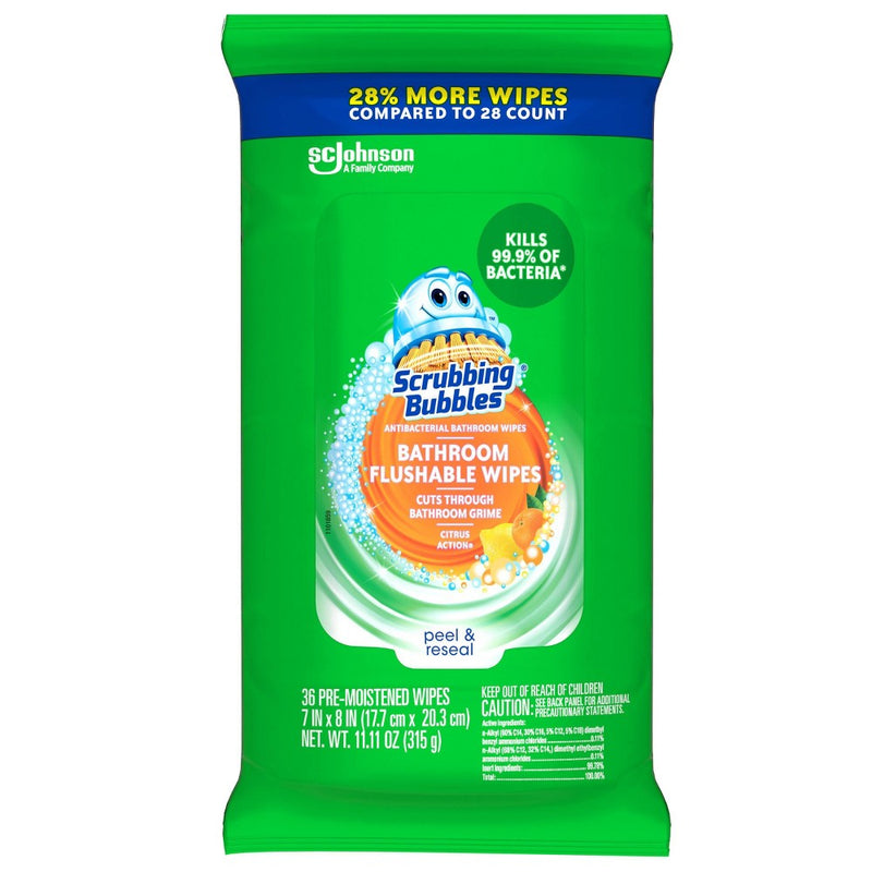 Scrubbing Bubbles Antibacterial Bathroom Flushable Wipes Citrus Action - 36ct