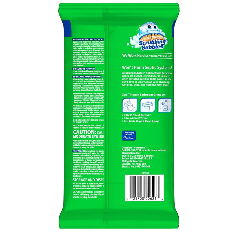 Scrubbing Bubbles Antibacterial Bathroom Flushable Wipes Citrus Action - 36ct