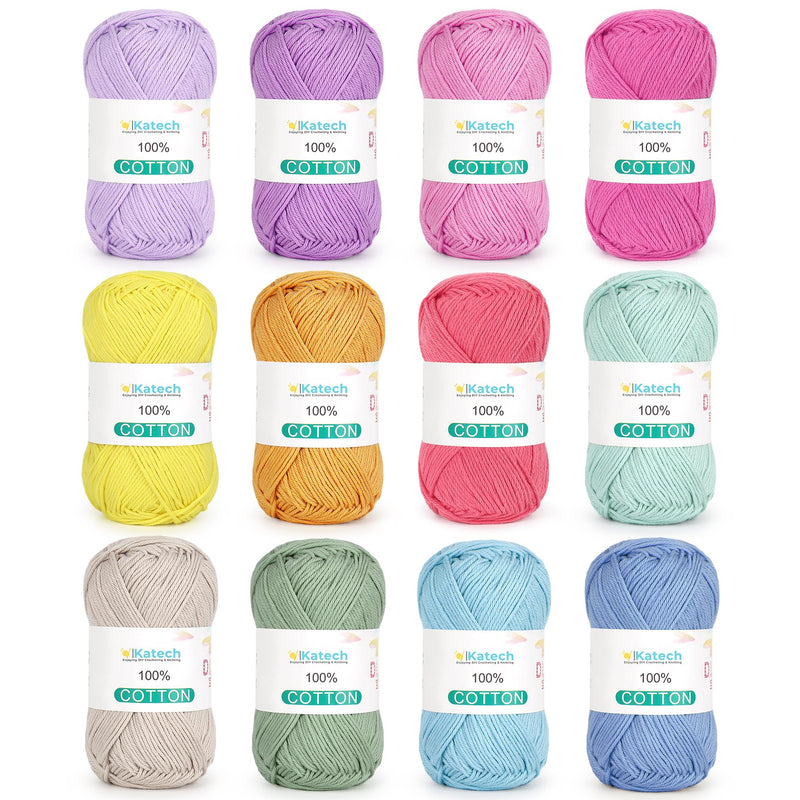 Katech 1OO% Cotton Yarn For Crocheting & Knitting–12-Color Of 137 Yards/1.76 Oz Baby Cotton Yarn Sport Weight CYC #2-Soft & Breathable-Ideal For Dishcloths, Baby Clothes, Potholders
