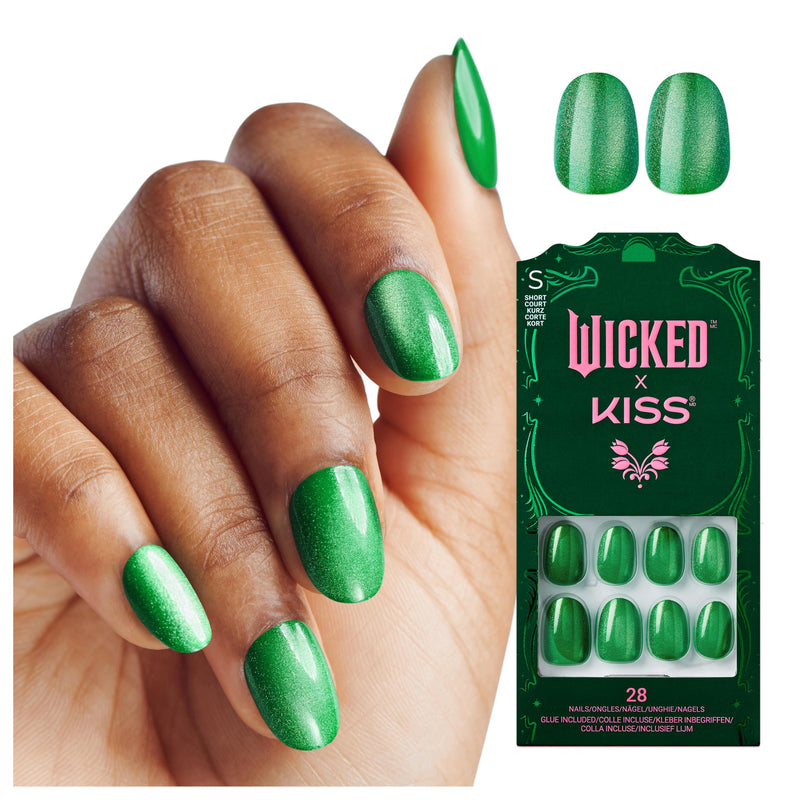 WICKED X KISS Press On Nails, ‘You’Re Green?!’, Green, Short Oval, Waterproof, Chip Proof, Smudge Proof, 28 Fake Nails, Pink Gel Nail Glue (2G), Mini Nail File, & Manicure Stick