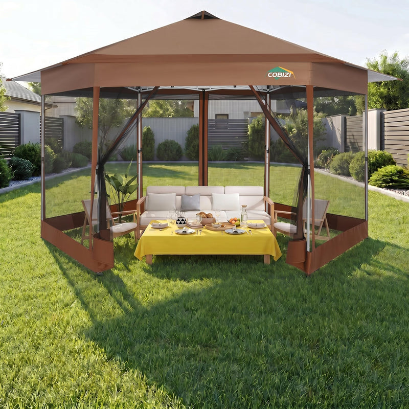 COBIZI 16X16 Pop Up Gazebo On Clearance, Hexagonal Outdoor Canopy Tent With Mosquito Netting, Adjustable Height And 256 Square Ft Of Shade For Party, Backyard, Gardens With Vented Top(Brown) (LOCAL PICKUP ONLY)