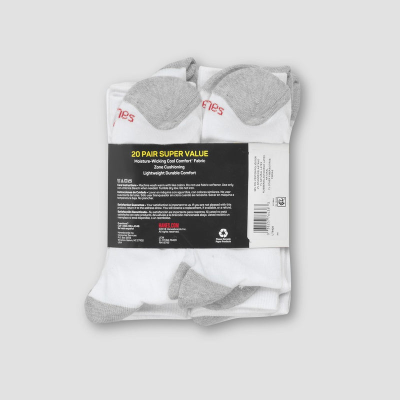Hanes Men's Crew Super Value Socks 20pk - White/Gray 6-12