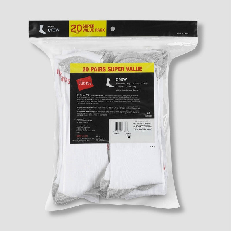 Hanes Men's Crew Super Value Socks 20pk - White/Gray 6-12