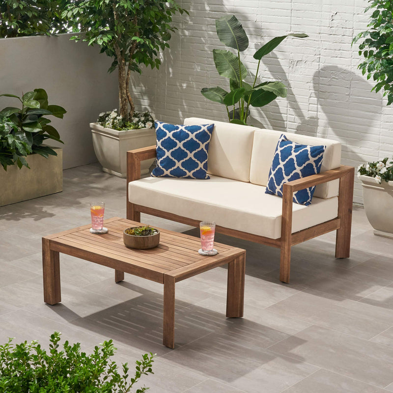 Fnecan Coffee Table Set With Loveseat, Acacia Wood, Beige And Brown, Plush Water-Resistant Cushions, Open Back Design, 55.25 X 27.5 X 24.5 Inches, Outdoor Use (LOCAL PICKUP ONLY)