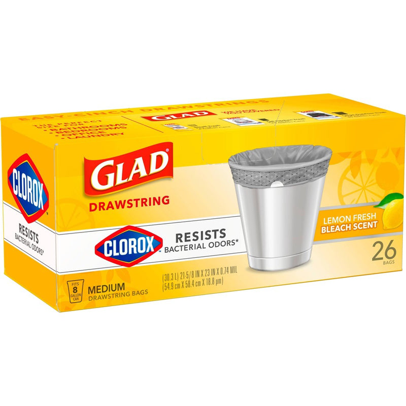 Glad Drawstring Medium Trash Bags - Lemon Fresh Bleach - 8 Gallon - 26ct