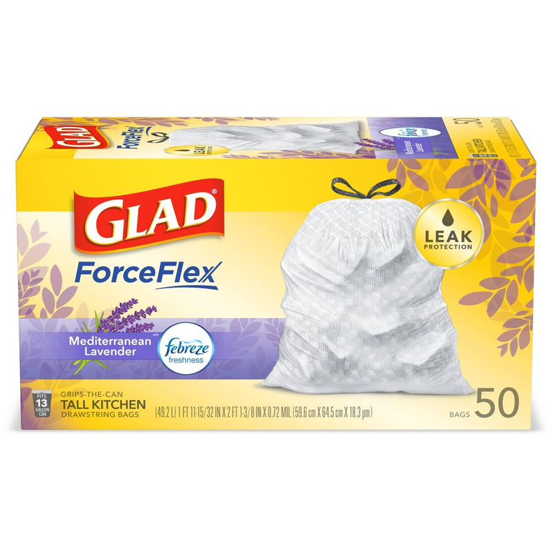 Glad ForceFlex + Tall Kitchen Drawstring White Trash Bags - Mediterranean Lavender Scent with Febreze Freshness - 13 Gallon - 50ct