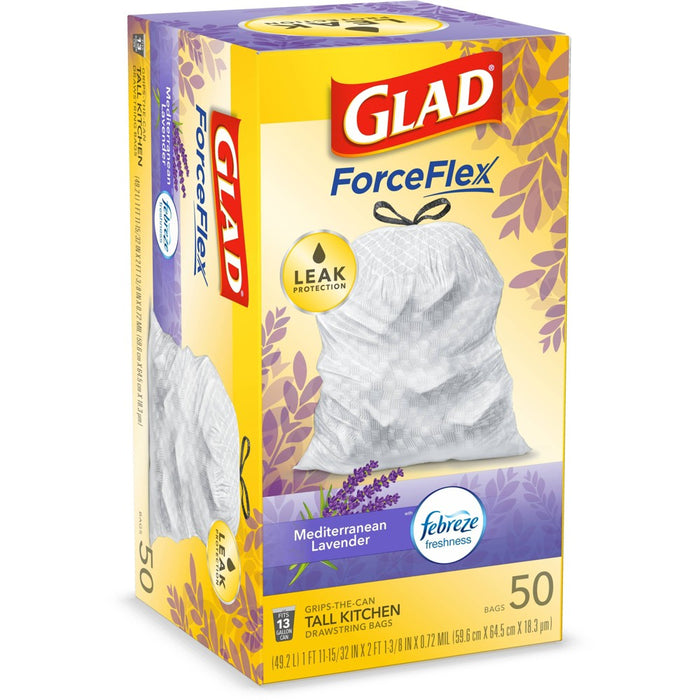 Glad ForceFlex + Tall Kitchen Drawstring White Trash Bags - Mediterranean Lavender Scent with Febreze Freshness - 13 Gallon - 50ct