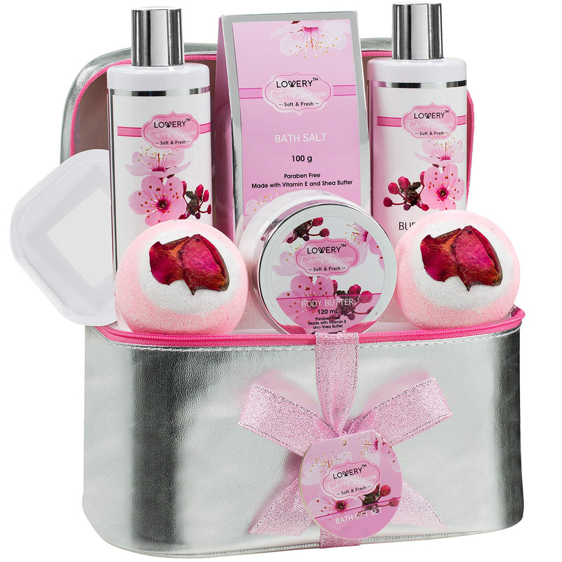 Valentines Gifts - Bath And Body Spa Gift Basket Set For Women – Cherry Blossom Home Spa Set With Fragrant Lotions, 2 Extra Large Bath Bombs, Mirror And Silver Reusable Travel Cosmetics Bag And More