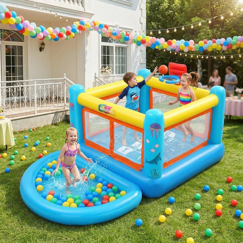 AKEYDIY Inflatable Water Slide For Kids 3-6, PVC Blow Up Water Park Backyard With Blower, Pool/Ball Pit, Hoop, Jumping, Indoor Outdoor (Ocean Blue) (LOCAL PICKUP ONLY)