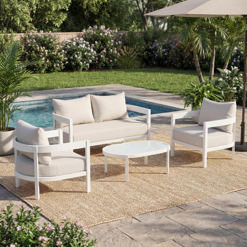 Ohcien 4 Piece Curved Aluminum Outdoor Conversation Set, 2 Single Chairs & Loveseat With Oval Tempered Glass Coffee Table, Beige White For Patio Backyard Balcony Porch Garden Deck (LOCAL PICKUP ONLY)