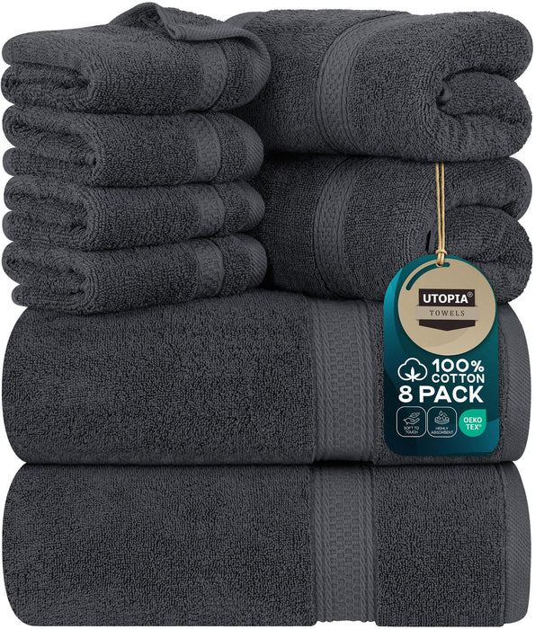 Utopia Towels 8 Piece Premium Towel Set, 2 Bath, 2 Hand, And 4 Wash Cloths, 600 GSM 100% Ring Spun Cotton, Highly Absorbent Towels For Bathroom, Gym, Hotel, And Spa, Grey