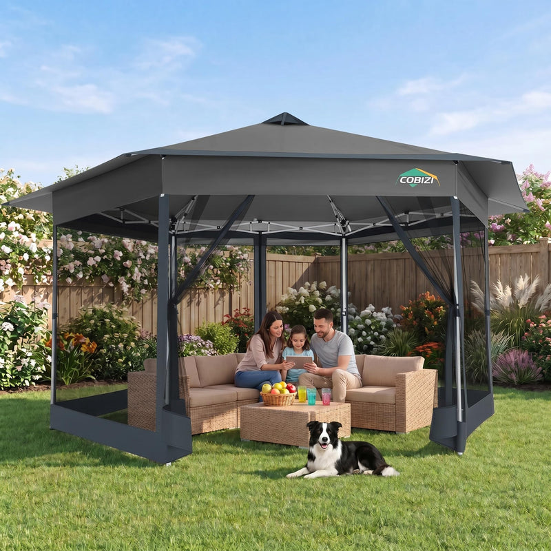 COBIZI 16X16 Pop Up Gazebo Tent With Mosquito Netting, Gazebos On Clearance, Hexagonal Outdoor Canopy Shelter, Patented Center Lock 6-Sided Portable Gazebos, Pop Up Canopy Tent For Backyard, Gray (LOCAL PICKUP ONLY)