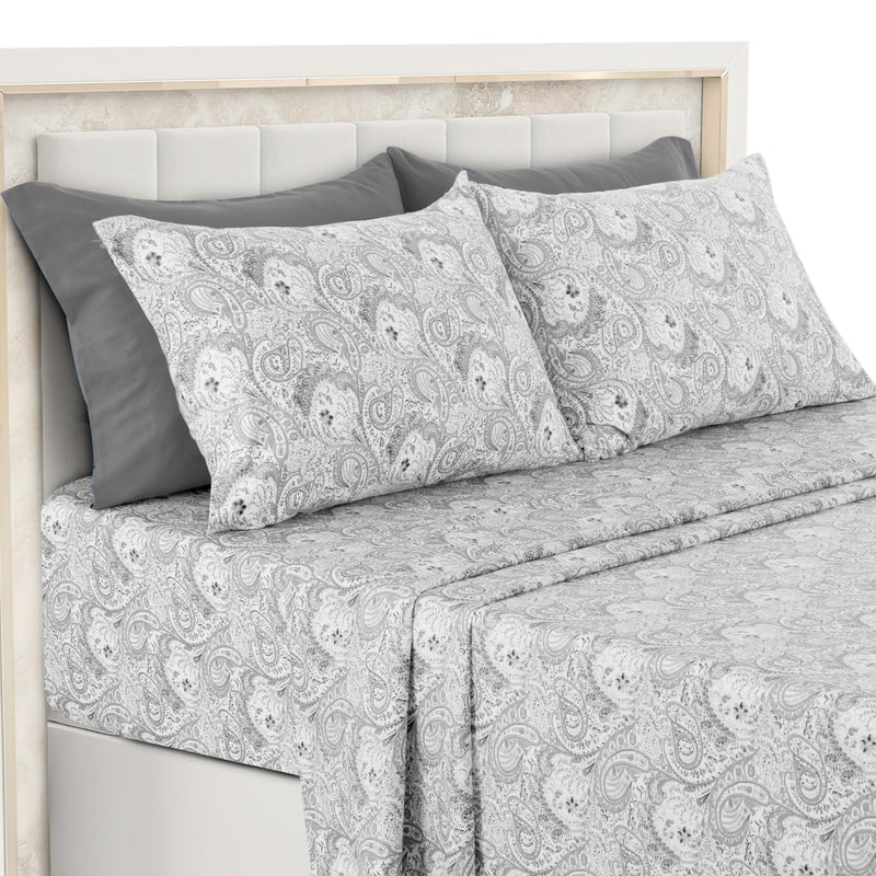 White And Grey Paisley Sheet Set, Queen - Ultra Soft Deep Pocket