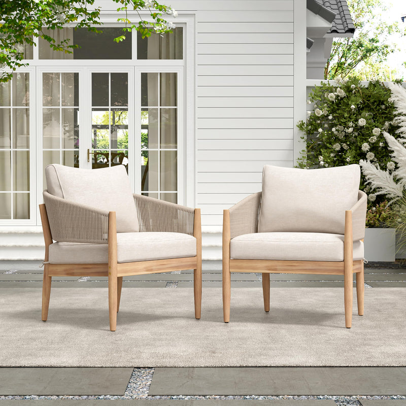 Christopher Knight Home Naomi Set Of 2 Patio Acacia Wood Club Chair With Cushion, Handwoven Rope Lounge Chair Outdoor For Porch/Backyard, Stylish Garden Seating With Curved Backrest, Beige+Light Brown (LOCAL PICKUP ONLY)