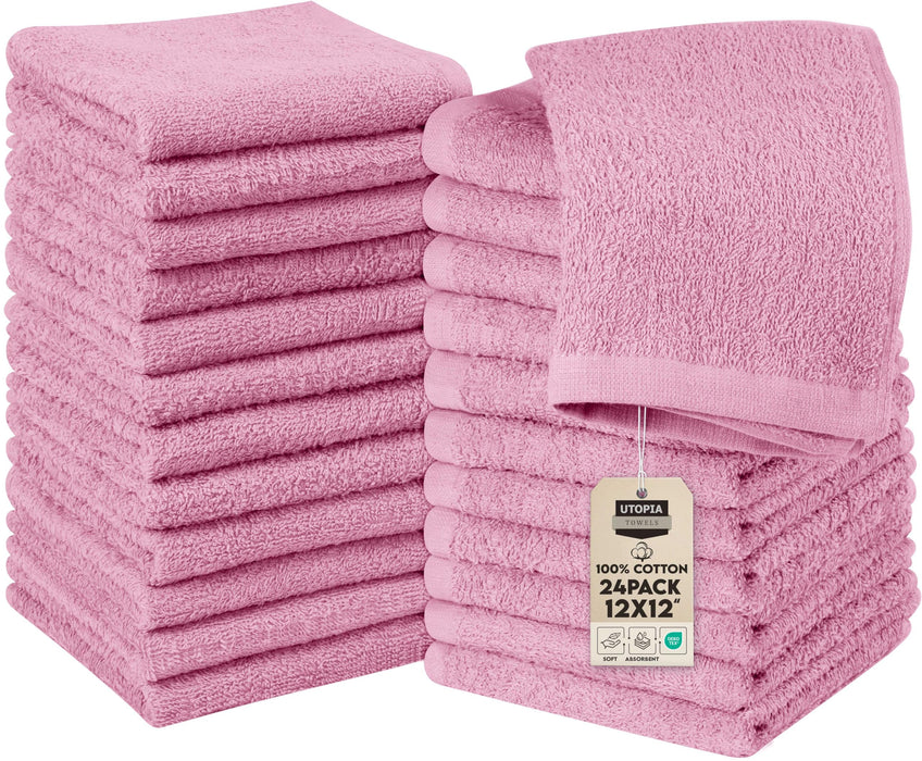 Utopia Towels 24 Pack Cotton Washcloths Set, 100% Ring Spun Cotton, Premium Quality Flannel Face Cloths, Highly Absorbent And Soft Feel Fingertip Towels, Pink