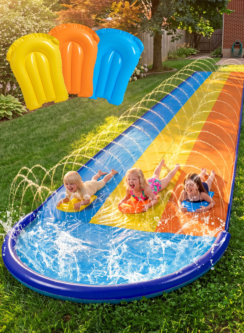 Sloosh Triple Water Slide With 3 Bodyboards, 22.5FT Lawn Water Slip Splash Pad Slide Summer Toy With Build In Advanced Sprinkler For Kids Adults Backyard Summer Water Fun