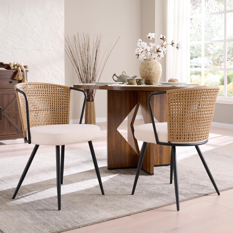Bedspick Rattan Dining Chairs Set Of 2 - Farmhouse Upholstered Cane Back Kitchen Chair With Boucle Cushion, Wingback Dining Room Seat With Metal Legs For Home, Kitchen (Brown) (LOCAL PICKUP ONLY)