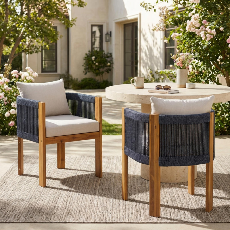 Merax Patio Dining Chairs Set Of 2, Outdoor Club Dining Chair With Rope Woven Backrest & Cozy Cushion, Acacia Wood Frame Outside Armchairs For Garden Balcony Backyard, Black (LOCAL PICKUP ONLY)